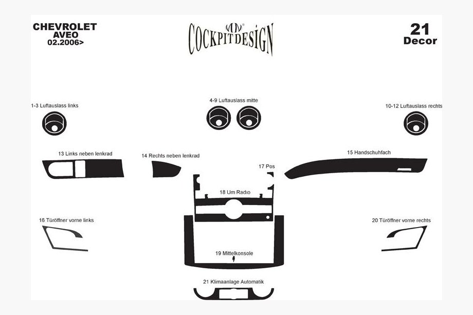 Chevrolet Aveo T250 2005-2011 Armaturenbrett Abdeckungen (Großes Set) Aluminium Foto 5