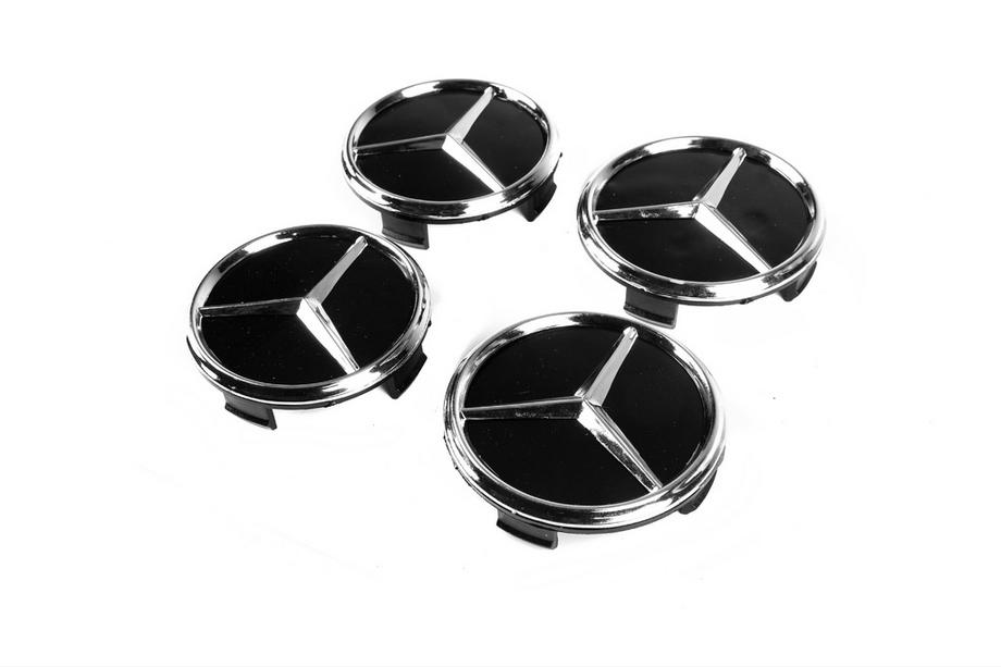 Mercedes-Benz Felgendeckel 71/74 mm ohne Ring (4 Stk, schwarz mit Chrom-Logo) Image