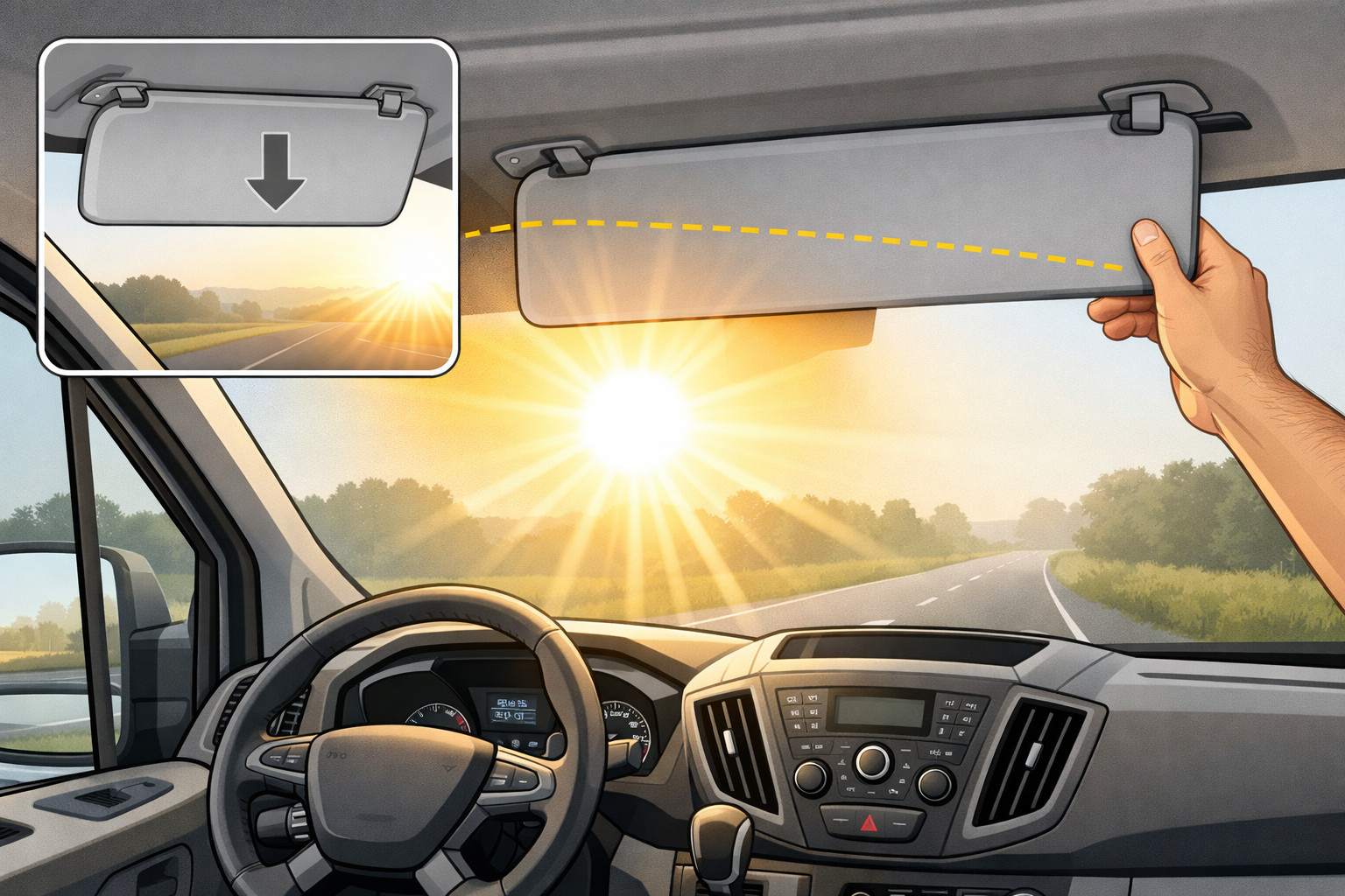 Blendende Sonne auf der Frontscheibe im Ford Transit am Morgen reduzieren